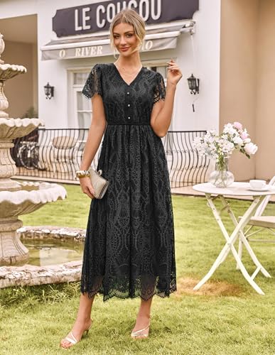 GRACE KARIN Women's V-Neck A-Line Elastic Waist Short Sleeve Lace Dresses - Image 4