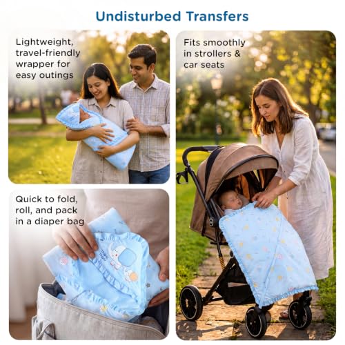 Image of Mee Mee 3-in-1 Baby Wrapper & Carry Nest for Newborns | Soft Breathable Cotton Swaddle with Hood and Cushion | Adjustable Tie-Up Design | Lightweight, Cozy & Easy to Carry (0-6 Months) (Blue)