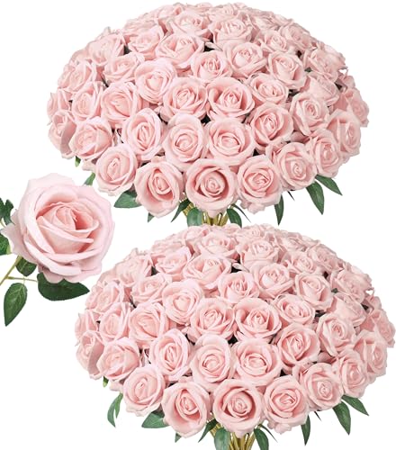 Image of 50 PCS Roses Artificial Flowers, Fake Roses with Stem Realistic Blush Silk Rose for DIY Wedding Bouquets Table Centerpieces Arrangements Baby Shower Birthday Home Decor Valentines Day Gift for Her