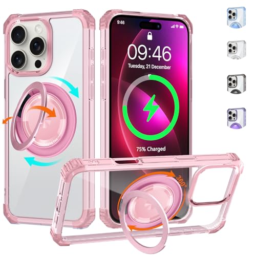 WPCase Clear Phone Case for iPhone 15+ Pro with Magnetic 360 Rotatable Ring Stand [ Compatible with MagSafe ], Heavy Duty Military Grade Cover with Ring Kickstand for Women Men, Transparent Pink