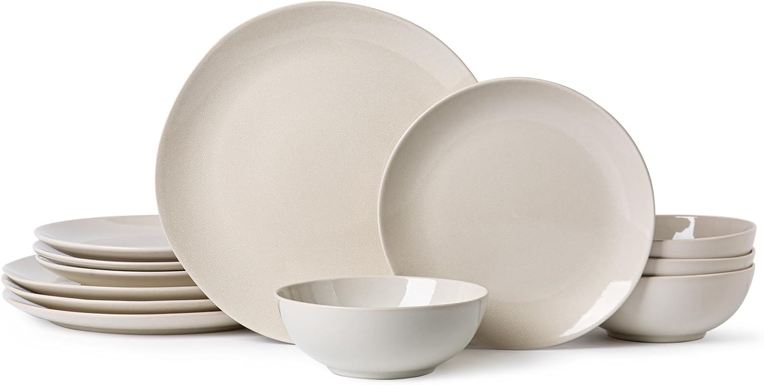 Ceramic Dinnerware Sets for 4,12 Pieces Plates and Bowls Sets, Plates Pasta Bowls Soup Bowls, Modern Stoneware Dishes, Reaction Glaze (White)
