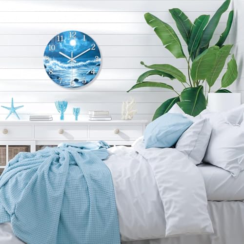 Image of XFM Large Blue Moon Wall Clock 20 Inch Beach Theme | Silent Non Ticking Ocean Wave Round Analog Modern Nature Decorative for Living Room Kitchen Bedroom Decor