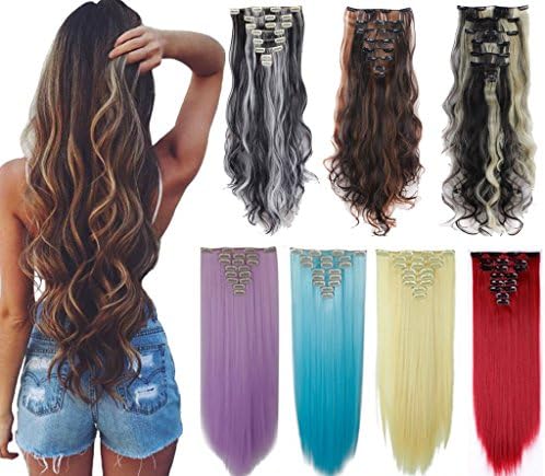 8Pcs 18 Clips 17-26 Inch Curly Straight Full Head Clip in on Hair Extensions Women Lady Hairpiece Dark Blonde Mix Light Blonde #1, 24 Inch-Curly,Dark Blonde Mix Light Blonde#1,24 Inch-Curly