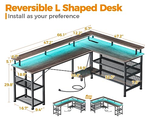 66 L Shaped Gaming Desk with Power Outlet, LED Lights, USB Ports, Storage Shelves, Monitor Stand and Grey Oak Finish - Home Office Desk for Gamers