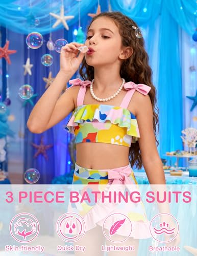 Image of ALISISTER Girls Swimsuit 3 Piece Bathing Suits Flounce Bikini Tankini Set Beach Swimwear with Cover Ups Skirt for 3-8 Years
