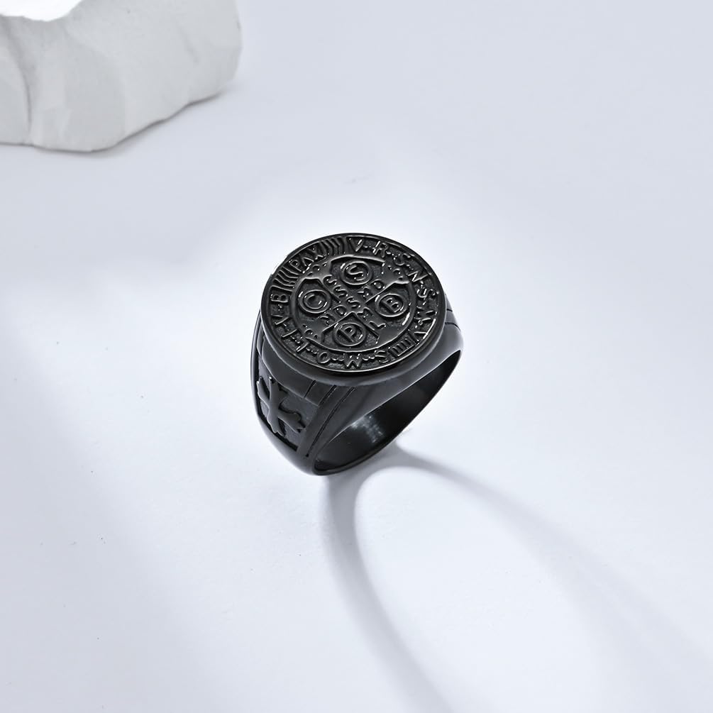 St Benedict Exorcism Ring, Titanium Steel Catholic Ring for Men Saint Benedict Medal Catholic Roman Cross Protection Jewelry Religious Amulet Signet Rings Big Size 7/8/9/10/11/12/13