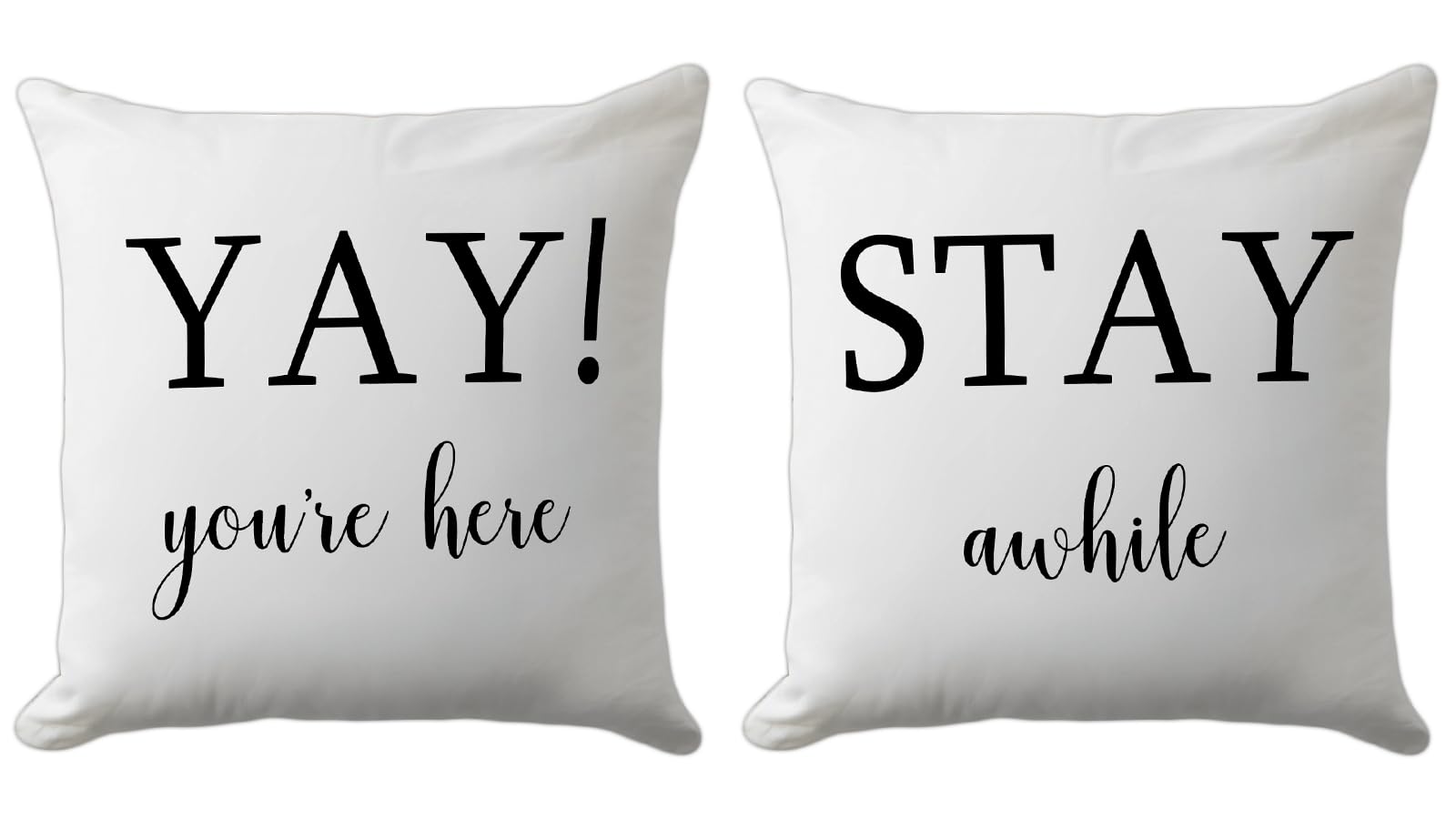 PreLiving Farmhouse Pillow Covers 18x18, Set of 2 - 'Stay Awhile' & 'Yay You're Here' Quotes, Rustic Decorative Throw Pillow Cases, Perfect for Couch,