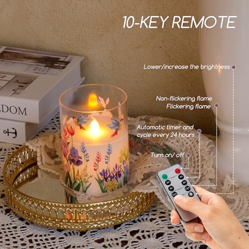 Image of Glass Flameless Candles with Remote, Hummingbird Floral Battery Operated Candles, Flickering LED Pillar Candle for Wedding, Home, Party Gift, Set of 3