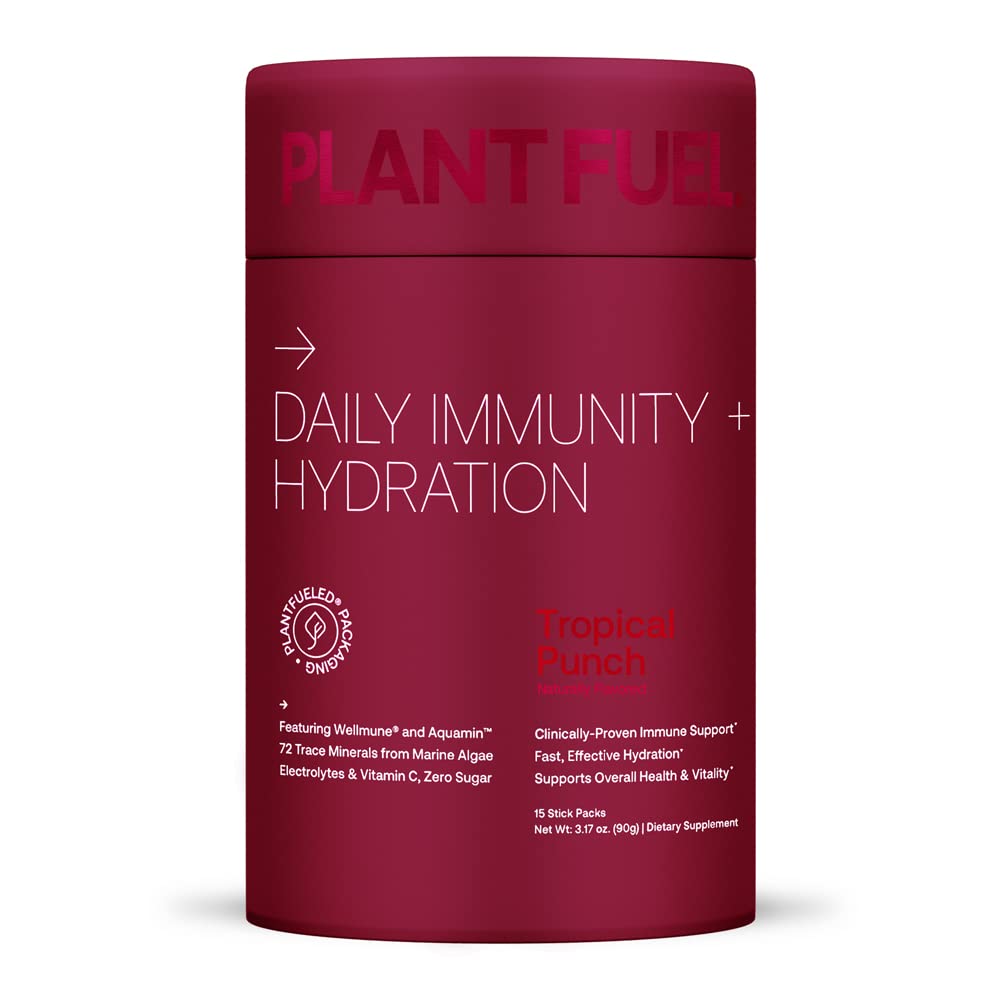 Photo 1 of *10/2023* PLANTFUEL Vegan Daily Immunity & Hydration Powder Packets - with Wellmune and Aquamin 72 Trace Minerals, Electrolytes and Vitamin C and B6 (15 Servings) - Tropical Punch