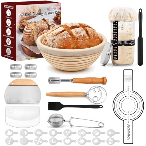 13-Teile Sauerteig Starter Set Mit Gärkörbchen Rund ø 25cm 900ml Glas Brotlamelle Teigschaber Backmatte & Mehlsieb Komplettes Brot Backen Zubehör für Anfänger & Profis