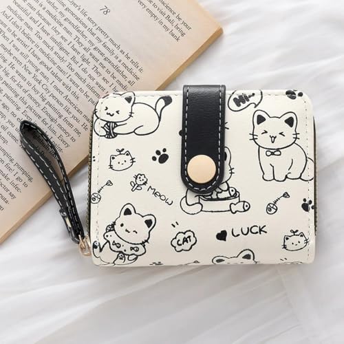 Stylish White PU Leather Wallet with Cat Design - Clip Closure, Handheld, Polyester Lining for Enhanced Durability4
