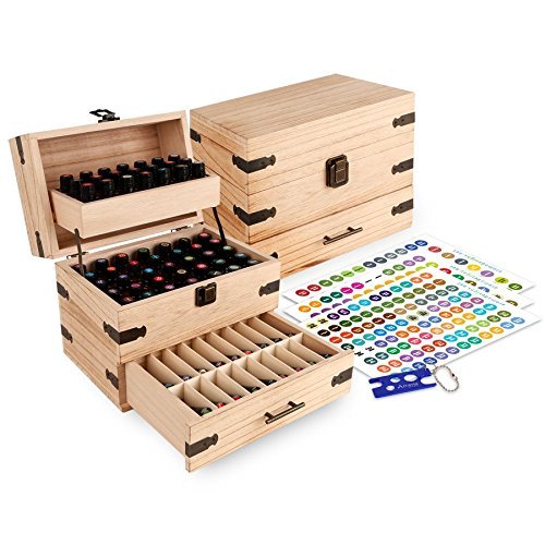 Wooden Essential Oil Multi-Tray Organizer - Holds 74 Oils - Rough Finish - Includes Essential Oil Sticker Labels & Bottle Top Removal Tool