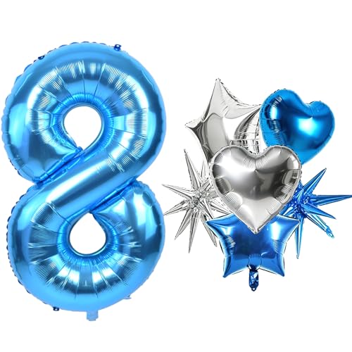 Image of TONIFUL 8th Birthday Balloons Kit 40 Inch Blue Large Number 8 Foil Balloon