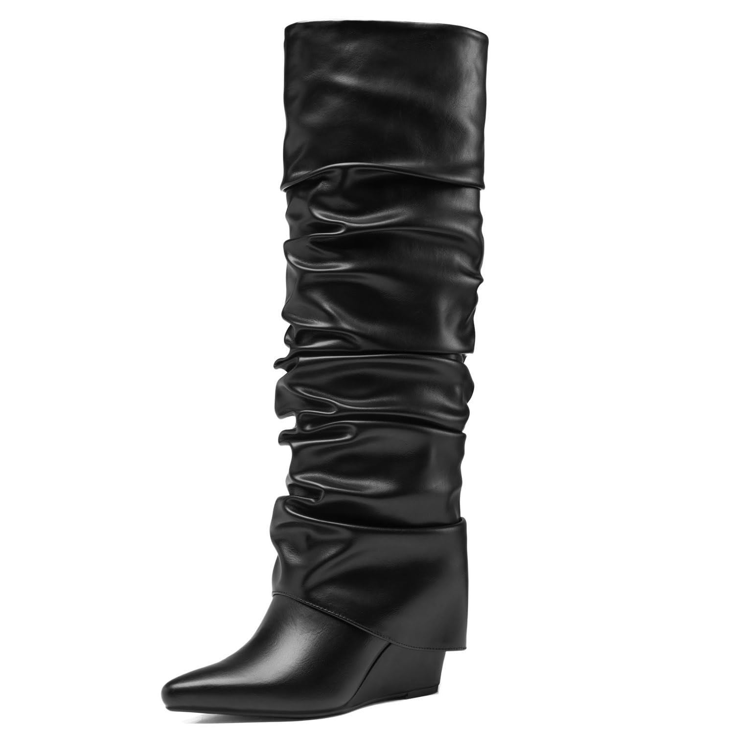 Uootopo Fold Over Boots for Women Slouched Wedge Heels Knee High Pointed Toe
