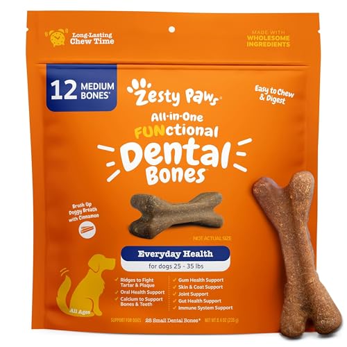 Zesty Paws Dental Bones – Fights Tartar & Plaque – Gum, Teeth & Bone Health – Cinnamon for Dog Breath – Immune, Joint, Gut, Skin & Coat Support – Omega 3 EPA & DHA and Calcium – Medium Dogs – 12 ct… Zesty Paws Dental Bones – Fights Tartar & Plaque – Gum, Teeth & Bone Health – Cinnamon for Dog Breath – Immune, Joint, Gut, Skin & Coat Support – Omega 3 EPA & DHA and Calcium – Medium Dogs – 12 ct…