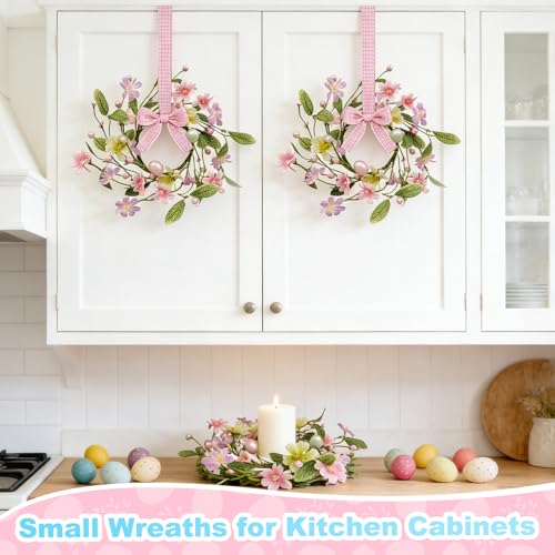 Image of 4 Pcs Easter Decorations for Home 12 Inch Small Easter Wreath with Colorful Eggs Flowers Berried Leaves Spring Mini Easter Wreath for Home Decor Table Kitchen Cabinets Mantle Wall Window Door
