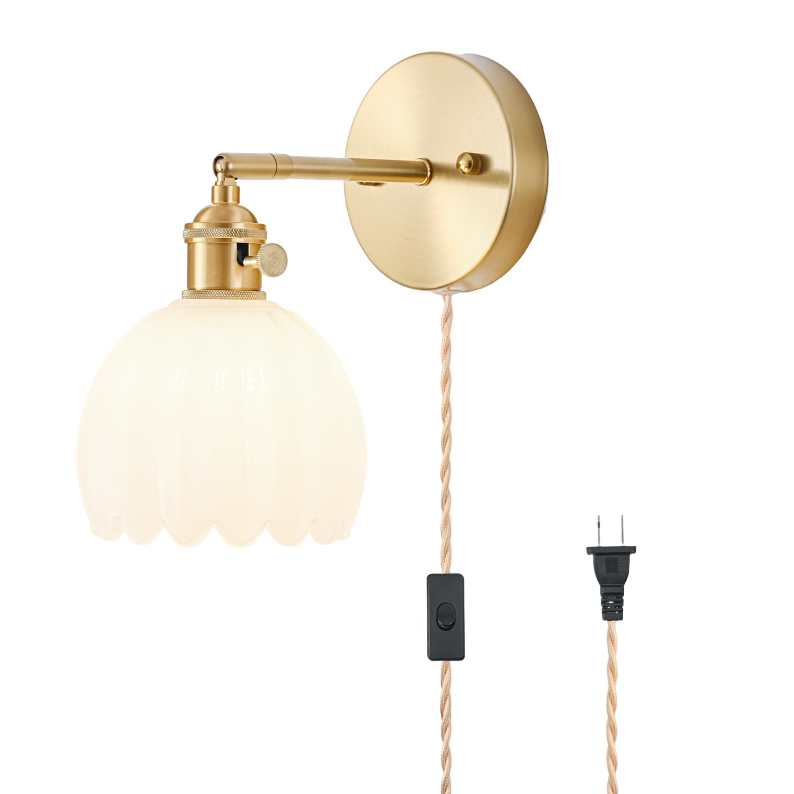 Plug in Wall Sconce Vintage Sconce Light with Tulip Milk White Glass Lampshade Bedside Wall Sconce with Switch