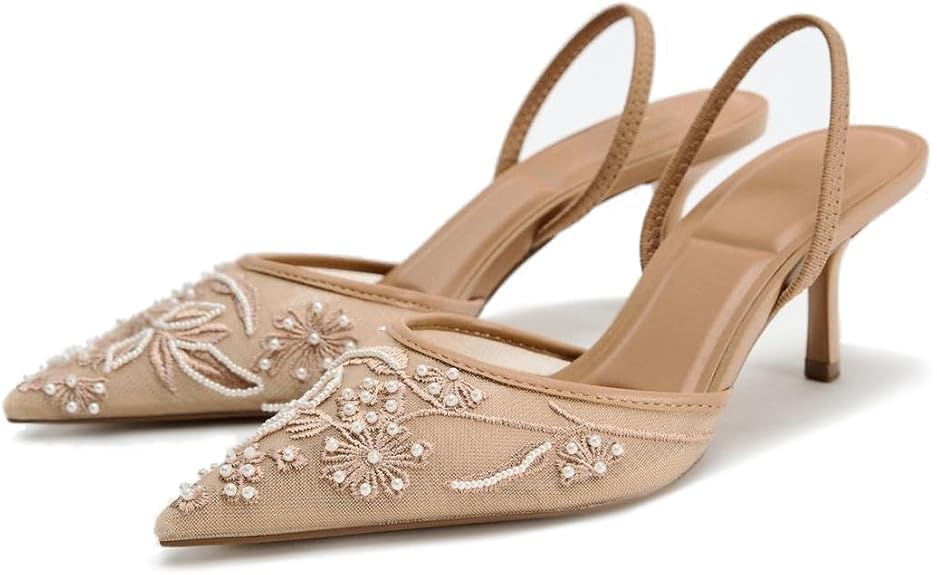 Women's Embroidered Mesh Slingback Heels for Women White Pearl Kitten Heel Pumps Pointed Toe Wedding Shoes White Slingback Heels