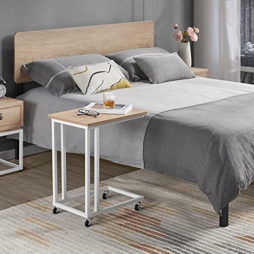 Yaheetech C-Shaped End Side Sofa Table, Small Bedside Table with Metal Frame and Rolling Castors, Industrial Wooden Coffee Table, for Livingroom, Bedroom, Balcony, 50 x 35 x 59.5 cm, Light Oak