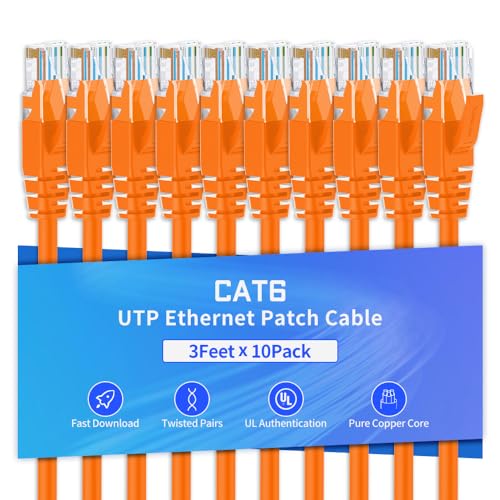 XANHAM Cat6 Ethernet Cable 3 Feet 10 Pack Network RJ45 Cat6 Internet Patch Cable, Unshielded, Orange
