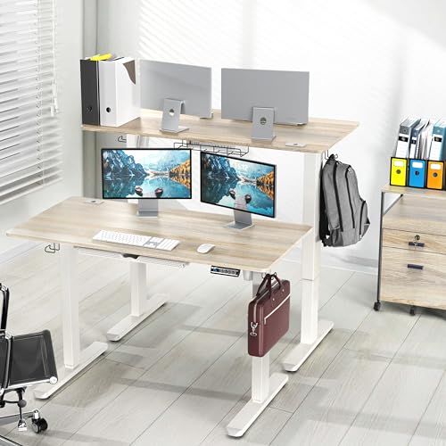 Image of SHW 48-Inch Electric Height Adjustable Standing Desk with Drawer, Memory Preset and Cable Management Tray, Maple