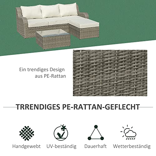 Outsunny 3-TLG. Polyrattan Gartenmöbel Set Gartengarnitur Garten-Set Sitzgruppe Loungeset Loungemöbel mit Beistelltisch Kissen Aluminium Hellgrau+Beige – Bild 5