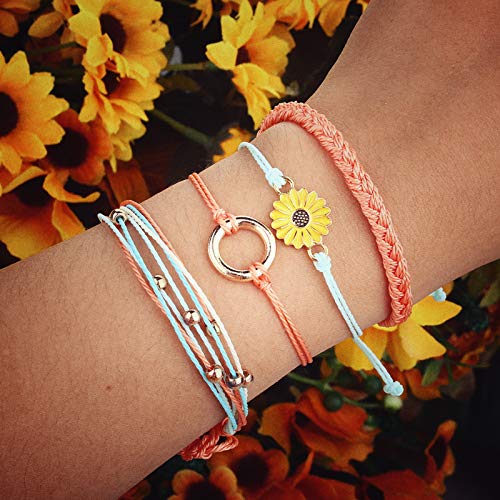 Image of Stackable Sunflower String Bracelets Cute Boho Braided Summer Beach Jewelry