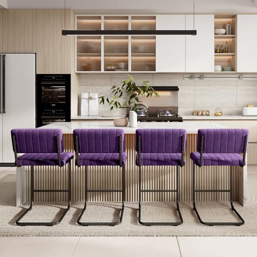 Image of ONEVOG 24.6'' Counter Height Bar Stools Set of 4, Mid-Century Modern Counter Height Cantilever Bar Chairs for Kitchen Island, Upholstered Velvet Fabric Barstools with Back and Matte Metal Legs, Purple