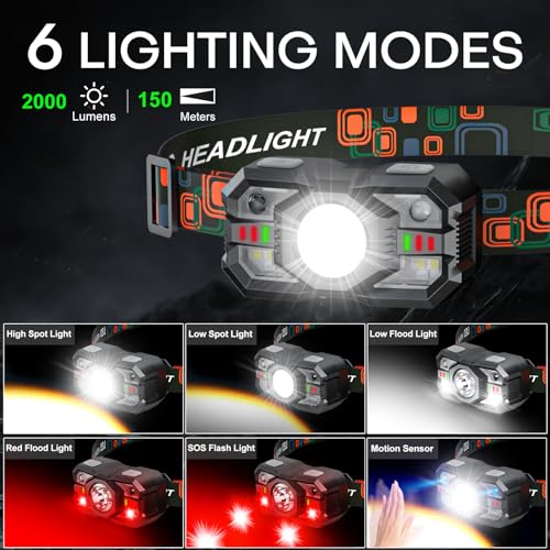 Image of LED Head Torch Rechargeable ,【3 Pack】Super Bright 2000LM Headlamp, 20H Runtime 5+5 Modes Adjustable Headtorch with Motion Sensor, Waterproof Headlight with Red Light for Camping Fishing Cycling Hiking
