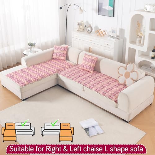 Image of HOKIPO L Shape (2+2 Seater) Sofa Cover Seat Mat | 300 GSM Cotton Acrylic Jacquard Fabric with Tassel, 'Trivana Series' Cherry Red (IN-934+935-J8)