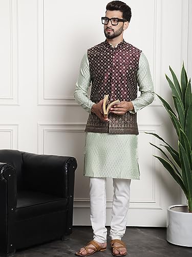 Image of SOJANYA (Since 1958 Men's Jacquard Silk Kurta and Pyjama with Nehru Jacket