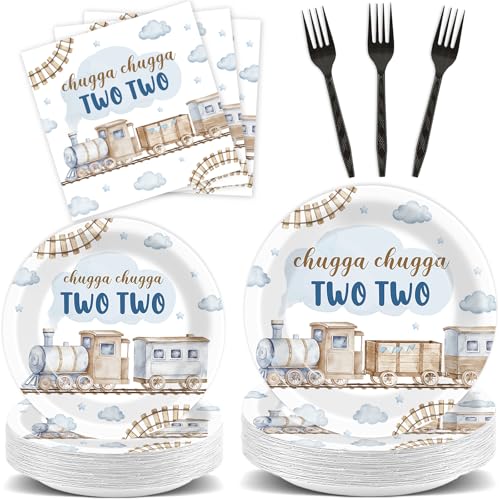 96Pcs Chugga Chugga Two Two Birthday Party Supplies Watercolor Train 2nd Year Old Paper Plates and Napkins Choo Choo Im 2 Tableware Disposable Dessert Dinnerware Set for Birthday Decor for 24 Guests