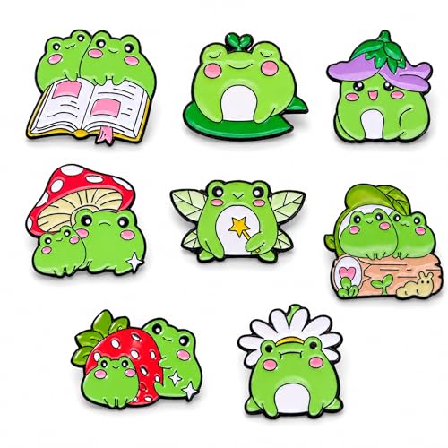 Image of 8Pcs Kawaii Frog Enamel Pin Set Cute Cartoon Frog Brooches, Lapel Pins for Backpacks, Jackets, Hats, Perfect Gifts for Women, Teens