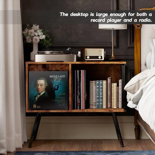 Image of Faesun Flip Top Record Player Stand, Large Turntable Stand Holds up to 150+ Albums, Vintage Mid Century Record Player Table, Stereo Cabinet with Open Storage, for Living Room, Bedroom, Rustic Brown