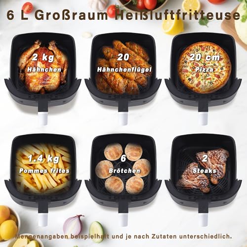 Citybee Airfryer Heißluftfritteuse 6L Sichtfenster - 7 Garprogramme 11 Funktionen Leise Heissluftfritteuse - Leicht Zu Reinigen mit Timer & Touchscreen 10 x Backpapier für Familienküche (Schwarz)