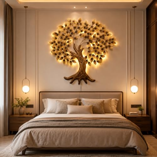Image of Bharat Art Metal Big Tree Wall Art with LED Light Handcrafted Iron Wall Hanging for Living Room Bedroom Hall Office Entrance | Zora Tree B Golden 45 x 2 x 45 Inch | WD111 (B)
