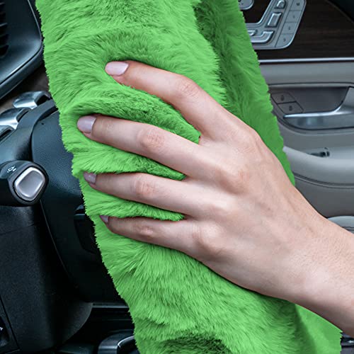 Image of FH Group Doe16 Faux Rabbit Fur Cozy Steering Wheel Cover Ultimate Protection Universal Fit for Most Cars, Trucks, SUVs, and Vans Green
