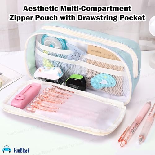 Image of FunBlast Pencil Pouch for Girls - Aesthetic Multi-Compartment Zipper Pouch with Drawstring Pocket, Cute Kawaii Pencil Case, Stylish Stationery Pouch, Return Gift for Kids & School Use (Blue)