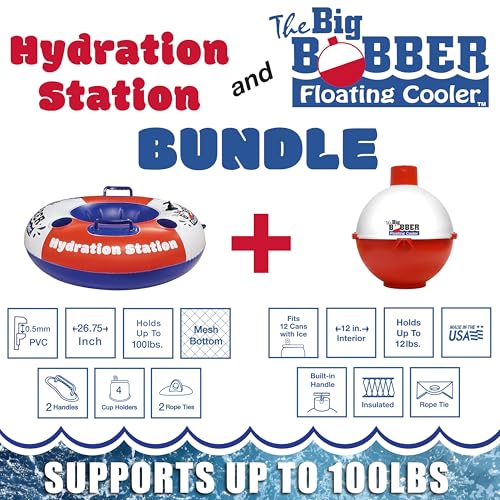 Hydration Station Float and Big Bobber Floating Cooler Bundle, Durable Inner Tube with Cup Holders & Mesh Bottom, Portable Drifter Cooler, Keeps Drinks Cold for Tubing, Boating & Outdoor Fun