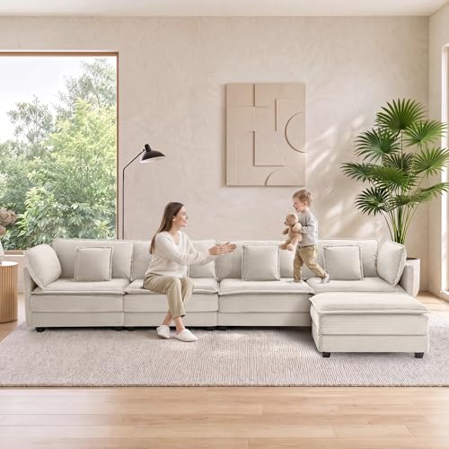 Image of Corduroy Sectional Couch, 4 Seater 149.2 inch L Shaped Cloud Couch with Ottoman, Modular Deep Seat Sofa with Pillows for Living Room, Apartment, Beige