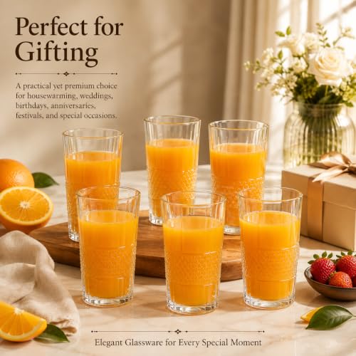 Image of bellemax Dotted Design Drinking Glasses, 278 ML & 210 ML Water and Juice Glasses Combo, Textured Glass Tumblers for Water, Juice, Soft Drinks & Everyday Use Set of 12