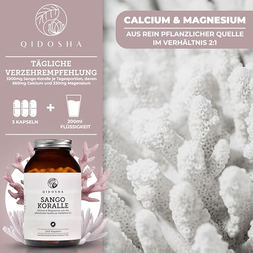 QIDOSHA® Sango Meereskoralle Kapseln, 240 Stk/Glas, hochdosiert mit 660mg Calcium & 330mg Magnesium (optimales 2:1 Verhältnis), nachhaltige Ernte, deutsche Fertigung, jede Charge laborgeprüft