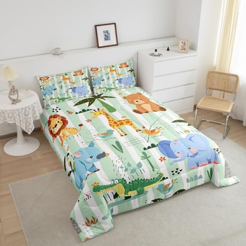 Image of Feelyou Kids Baby Jungle Animals Comforter Set Twin Size Cute Cartoon Elephant Lion Giraffe Print Child Toddler Bedding Set Nursery Kids Safari Room Decor Exotic Natural Theme Duvet Set