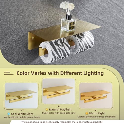 Image of Angle Simple Double Toilet Paper Holder with Shelf, Brushed Dark Gold | SUS304 Stainless Steel, Bathroom Tissue Roll Dispenser, Functional Storage Shelf for Phone Wet Wipe Plant, Screw Wall Mount