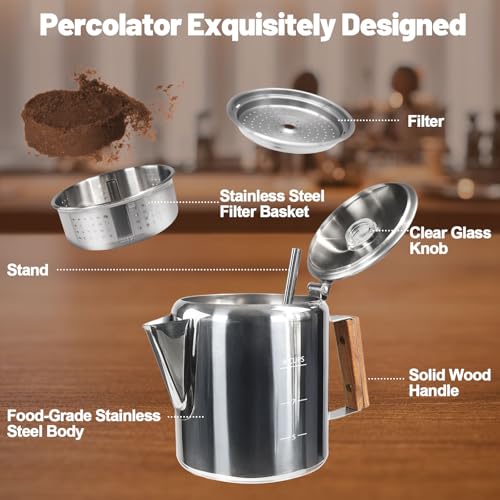 Image of 9 Cup Percolator 304 Stainless Steel Coffee Pot Coffee Maker Coffee Machine with Solid Wood Handle Transparent Knob Stovetop Greca Mocha for Induction Home and Camping 1500ml 50.7oz