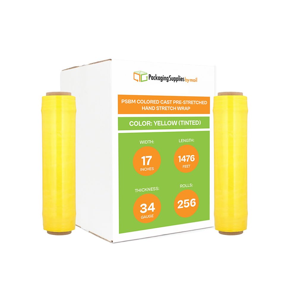 PSBM Yellow Pre-Stretched Stretch Wrap, 256 Pack, 17 Inch x 1476 Feet, 34 Gauge, Full Pallet of Colored Stretch Film