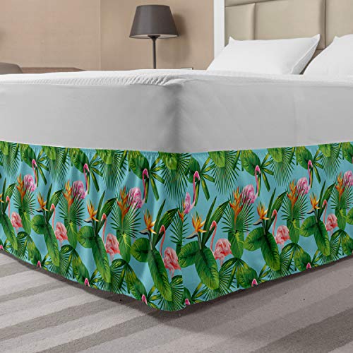 Ambesonne Tropical Bed Skirt, Formation Of Flamingos And Hawaiian Plants And Flowers, Elastic Bedskirt Dust Ruffle Wrap Around For Bedding Decor, Queen, Green Blue #TOP18