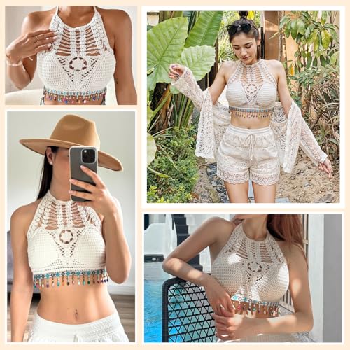 Image of PALAY Women's Summer Beach Backless Crochet Halter Bikini Crop Top Crochet Hollow Out Tassle Embroidery Knit Boho Beachwear