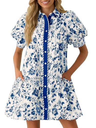 Wenrine Womens Mini Dress Summer Casual Short Puff Sleeve Floral Collared V Neck Loose Button Down Shirt Dress with Pockets Blue