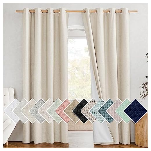 NICETOWN 100% Absolutely Blackout Linen Curtains with Thermal Insulated White Liner, 52" Wide, 2 Panels, 84 inches Long Drapes, Grommet Retro Beige Linen Curtains Vertical Drapes Privacy for Bedroom